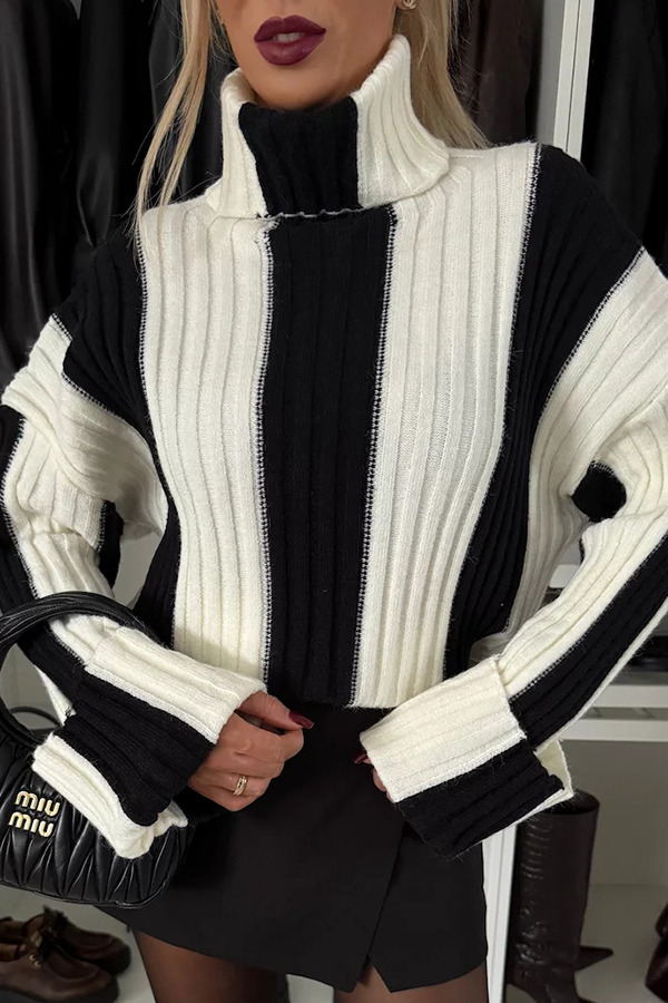 Comfort and Warmth Knit Color Block Long Sleeve Turtleneck Sweater-consonak