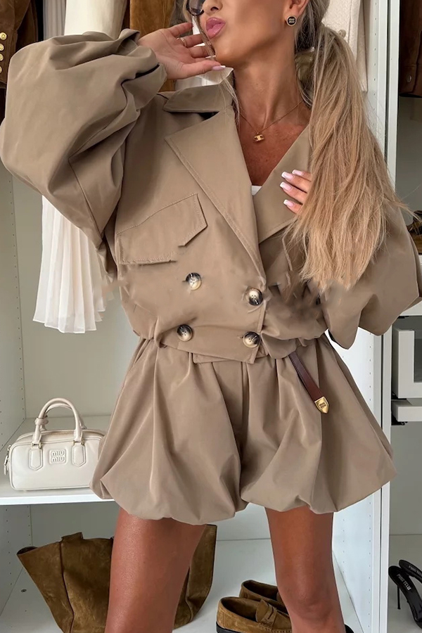 Fashion Style Button Long Balloon Sleeve Pocket Lapel Casual Bomber Jacket-consonak