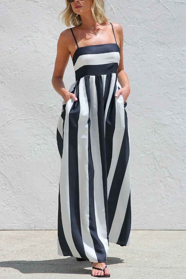 Color-blocked Striped Print Square Neck Suspender Casual Pocket Maxi Dress | Consonak