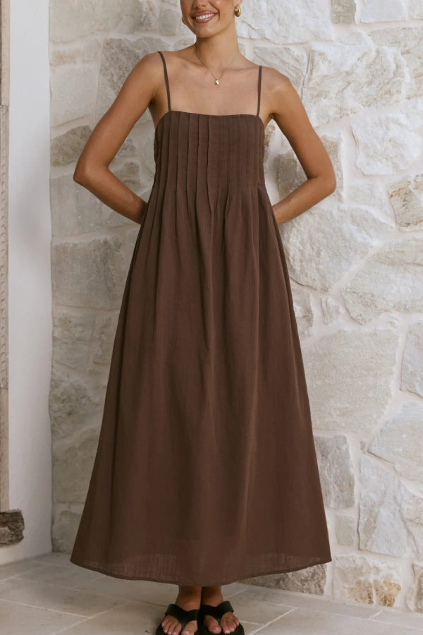 Solid Color Pleated Square Neck Suspender Casual Midi Dress