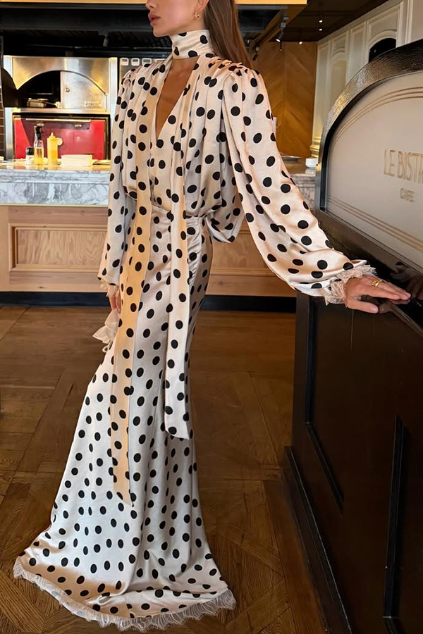 Chrissa Satin Polka Dot Print Lace Trim High Rise Flare Drape Maxi Skirt