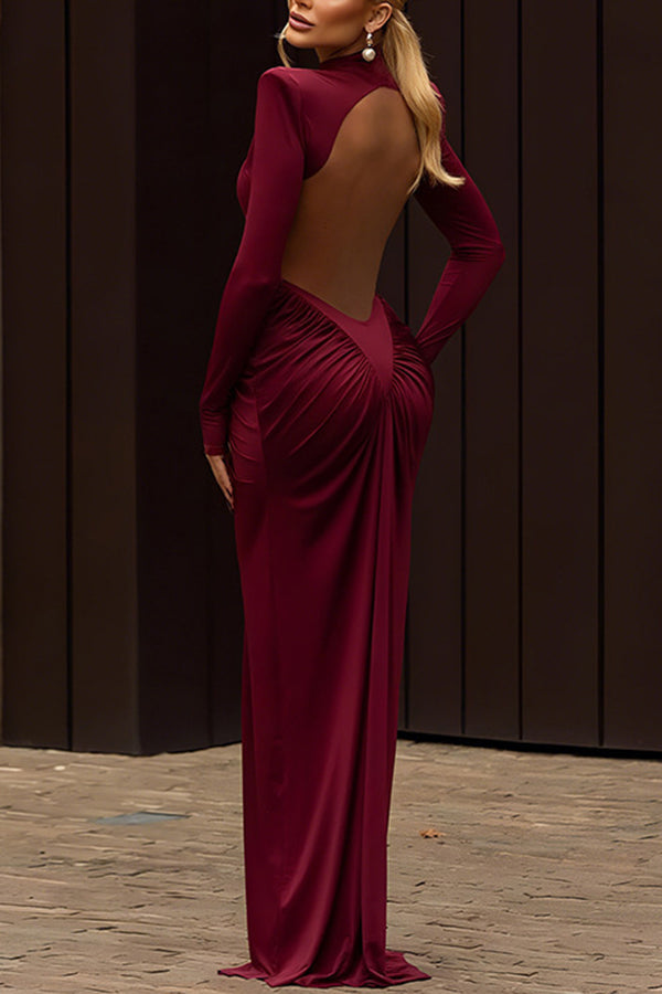 Sexy Backless High-neck Long-sleeved Fitted Draped Maxi Dress-consonak