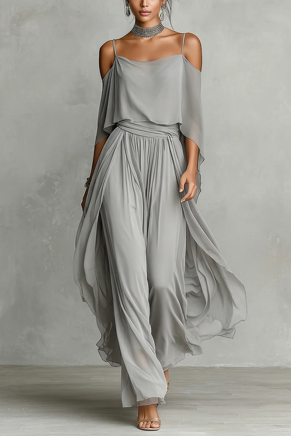 Solid Color Chiffon Off-shoulder Camisole Top and Casual Wide-leg Pants Set | Consonak