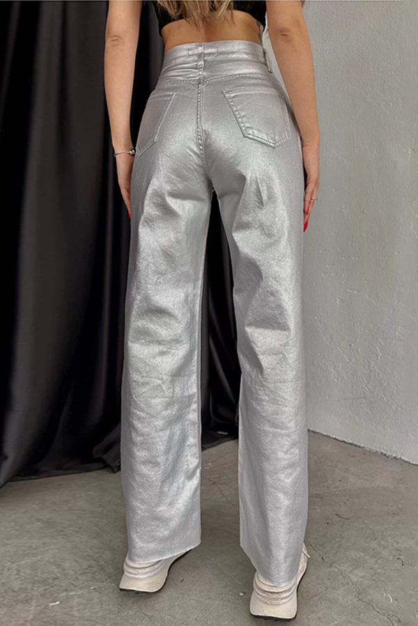Stylish Metallic Fabric Pocket Casual Straight Wide-Leg Pants-consonak