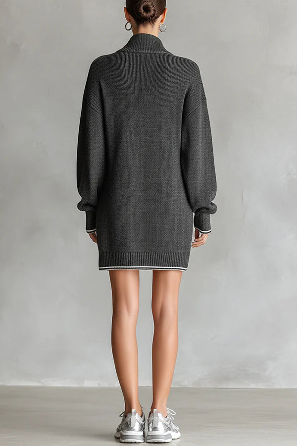 Fashionable Loose-fitting Long-sleeved Collared Zip-up Casual Knitted Mini Dress-consonak