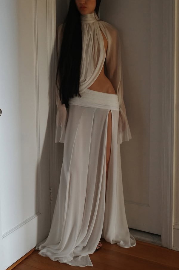Sexy See-through High-neck Long-sleeved Draped Top and High-waisted Slit Maxi Skirt Vacation Set-Consonak