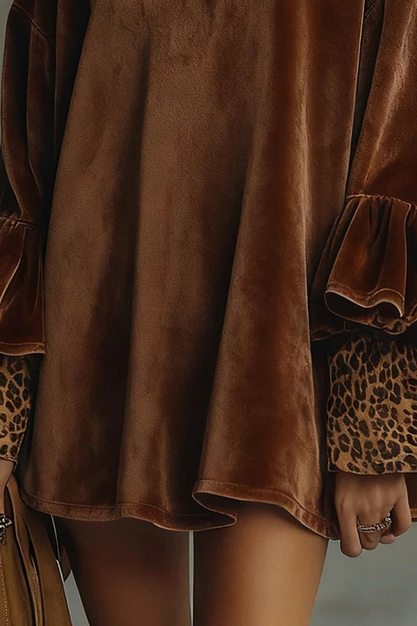 Fashionable Velvet Leopard Print Loose-fitting Turtleneck Long-sleeved Mini Dress-consonak
