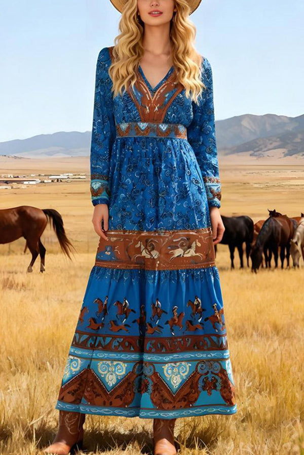 Bohemian Style V-neck Long-sleeved Casual High-waisted Maxi Dress-consonak