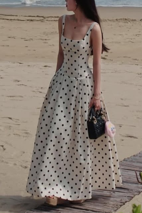 Polka Dot Print Square Neck Sleeveless Holiday Maxi Dress