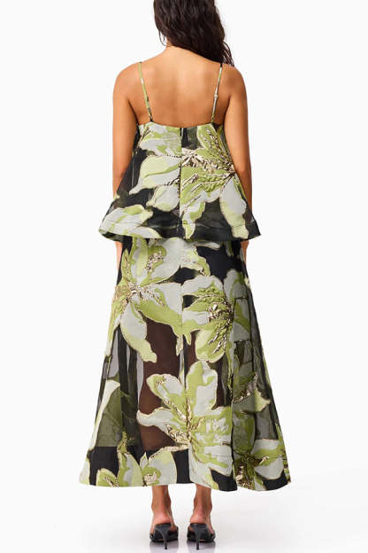 Effortlessly Romantic Floral Print Tiered Slip Square Neck A-line Maxi Dress