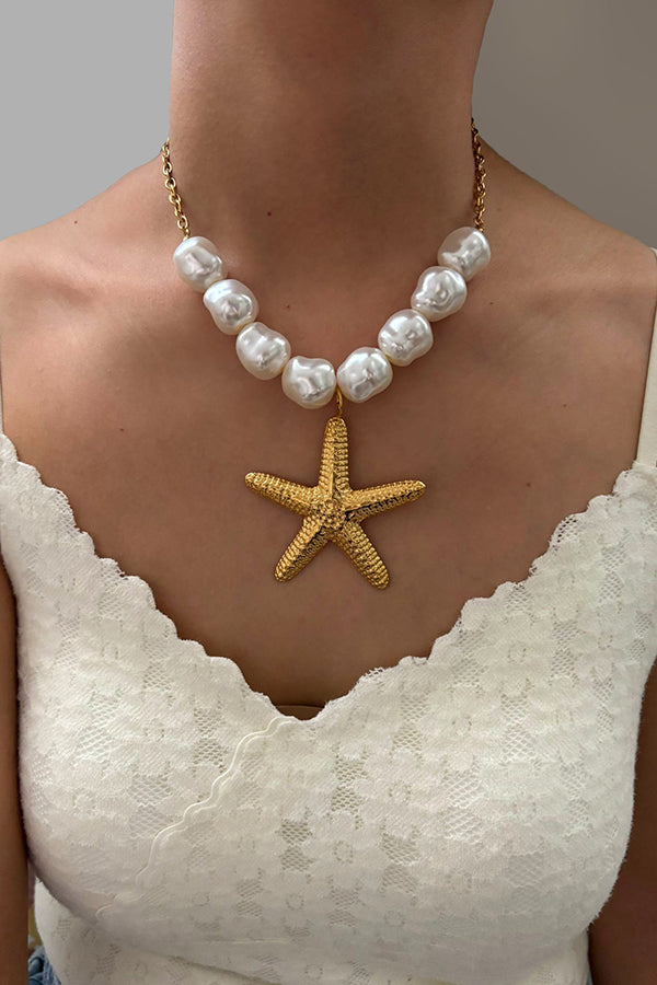 Bohemian Pearl Starfish Lotus Leaf Necklace-consonak