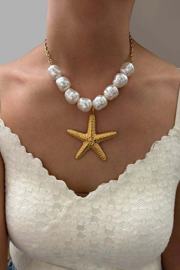 Bohemian Pearl Starfish Lotus Leaf Necklace-consonak