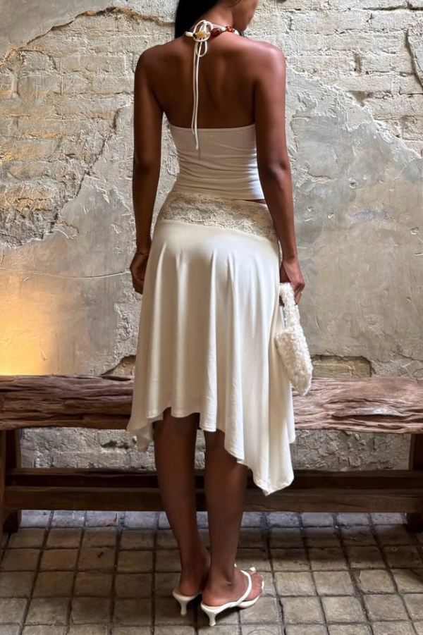 Solid Color Patchwork Lace Halter Neck Fitted Top and Elegant Knee-length Skirt Set