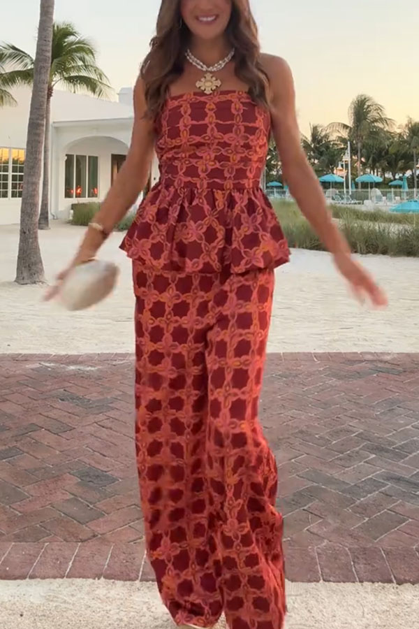 Chainlink Printed Bubble Back Pleated Slip Top and Elastic Waist Pocket Loose Pants Set-consonak