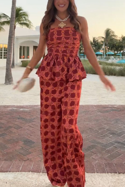 Chainlink Printed Bubble Back Pleated Slip Top and Elastic Waist Pocket Loose Pants Set-consonak