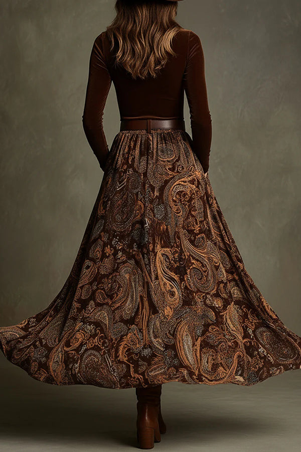 Stylish Velvet Long-sleeved Fitted Top and Unique Printed Casual Pocket Maxi Skirt Set-consonak