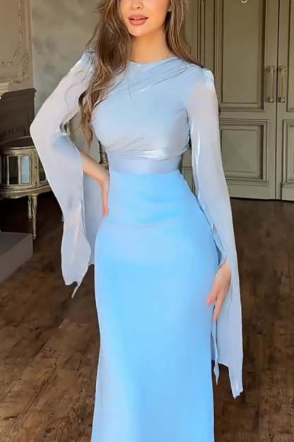 Fashionable Slit Long-sleeved Patchwork Slim-fit Maxi Dress-consonak