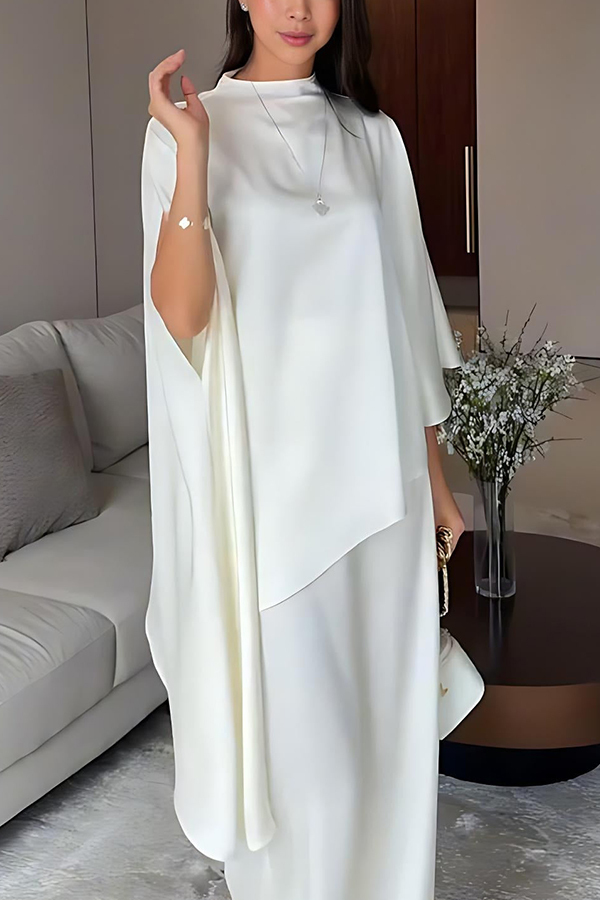 Iris Satin High Neck Cape Sleeve Irregular Hem Top and Elastic Waist Wide-Leg Pants Set-consonak