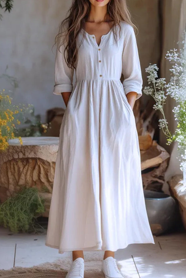 Linen Blend Crew Neck Long Sleeve Casual Pocket Holiday Maxi Dress-consonak