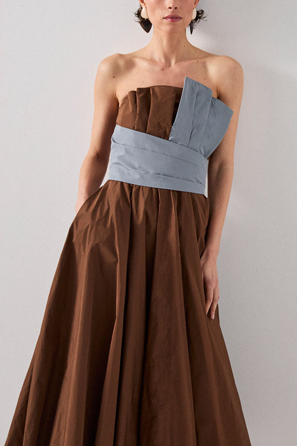 Modern Structured Color Block Off Shoulder Pocket Umbrella Hem Maxi Dress