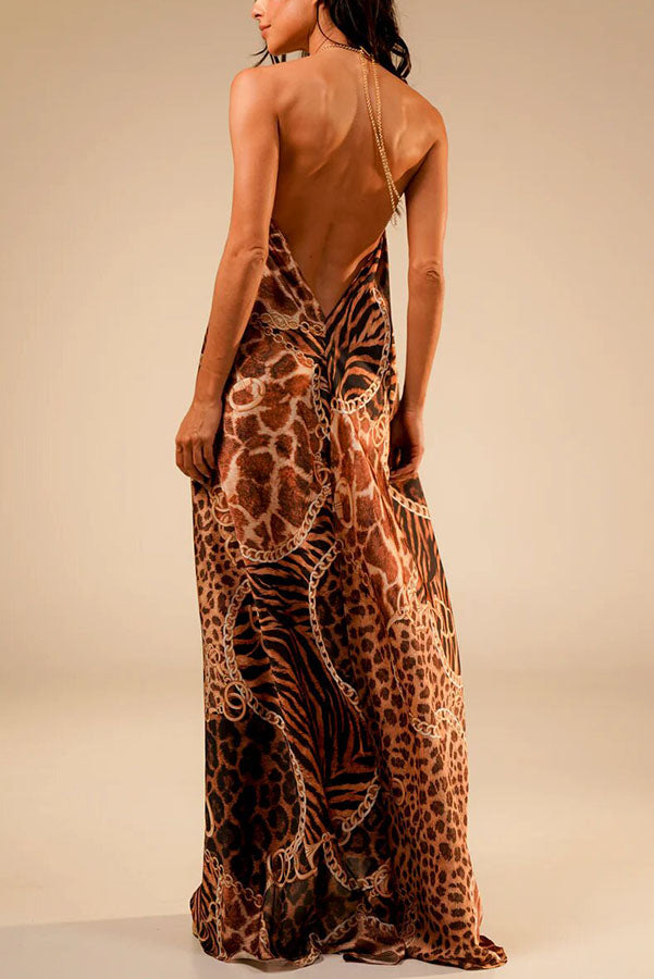 Savana Animal Paisley Print Metal Ring Halter Backless Vacation Maxi Dress
