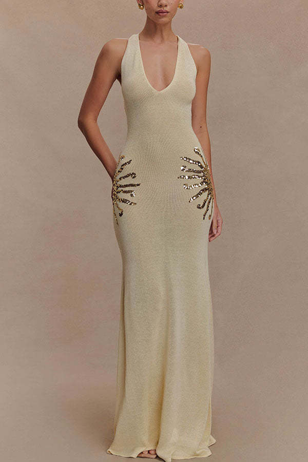 Sparkling Nights Knit Sunburst Sequin Detail Back Cross Straps Stretch Maxi Dress-consonak