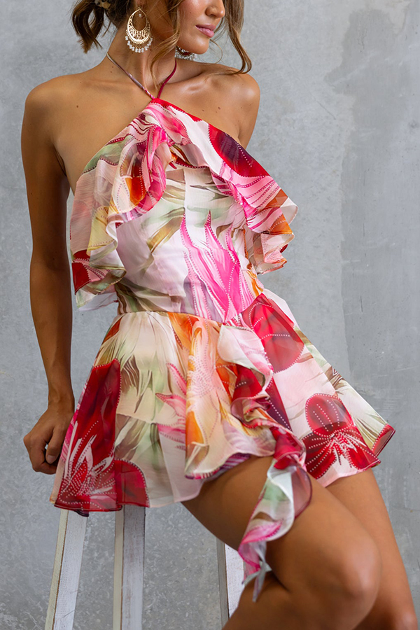 Elysia Chiffon Printed Rose Removable Brooch Tiered Ruffles Halter Mini Romper