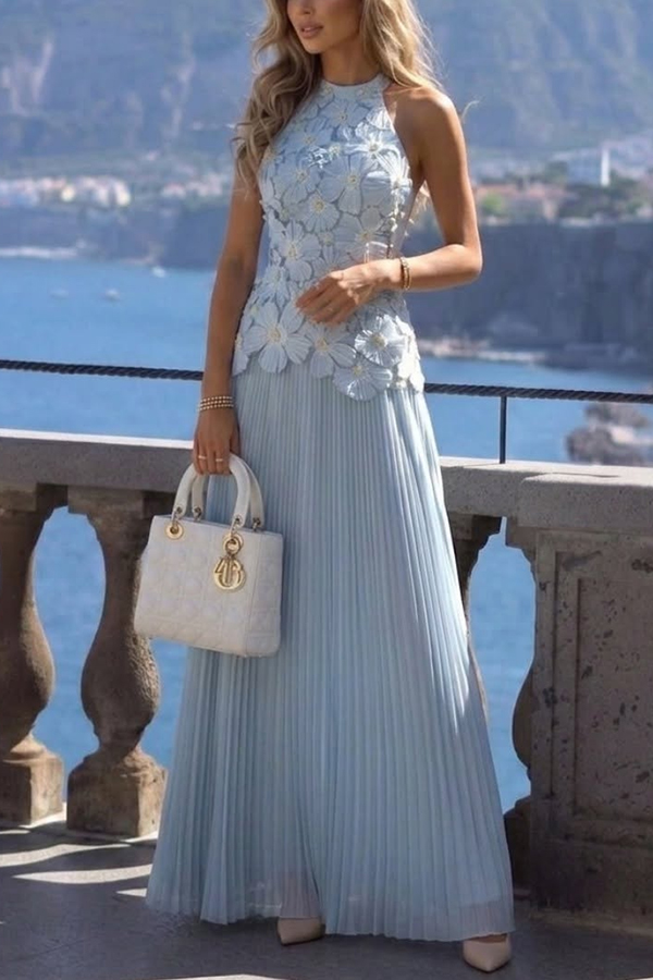 Emilie 3D Floral Embroidery Pleated Chiffon Hem Halter Neck Sleeveless Maxi Dress | Consonak