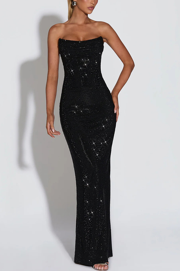 Mirabella Sequin Pleated Cowl Scooped Neckline Back Lace-up Strapless Maxi Dress | Consonak
