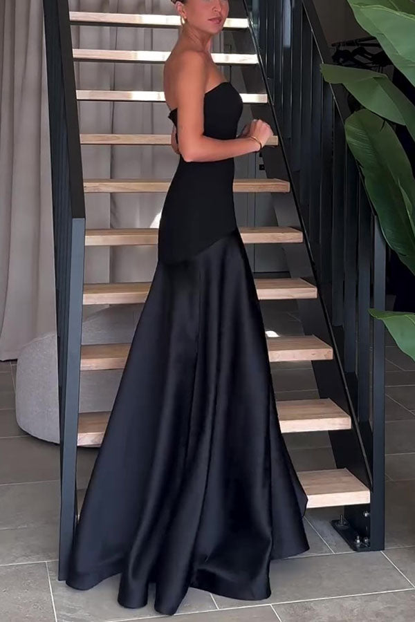 Timeless Elegance Satin Patchwork Strapless Flare Gown Maxi Dress | Consonak
