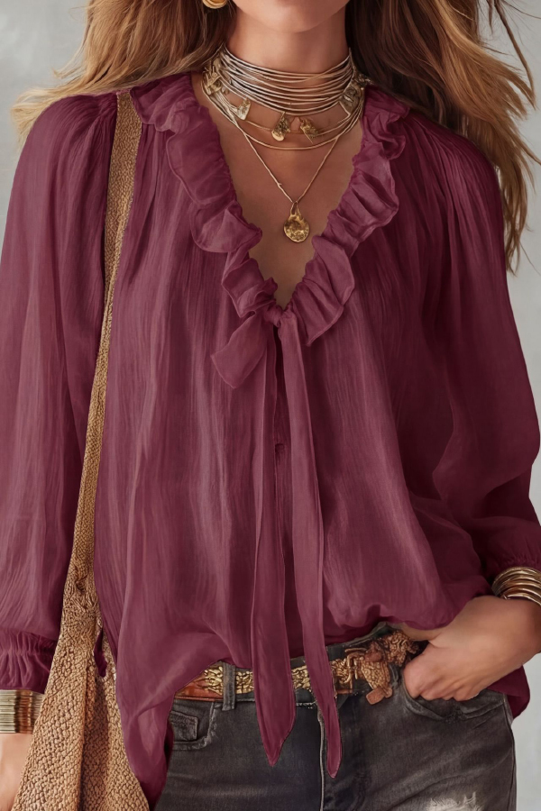 Stylish Long-sleeved V-neck Tie Loose Shirt Top