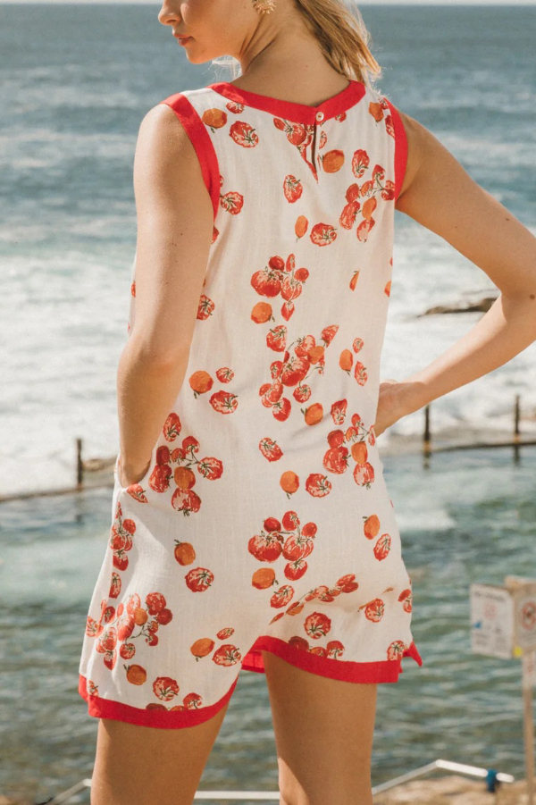 Tomato Print Loose Round Neck Sleeveless Casual Pocket Mini Dress