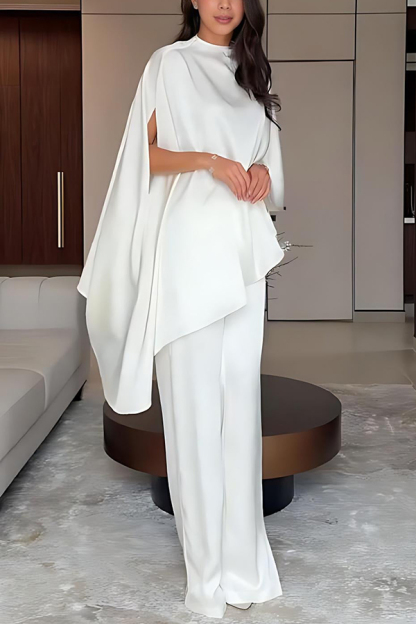 Iris Satin High Neck Cape Sleeve Irregular Hem Top and Elastic Waist Wide-Leg Pants Set-consonak