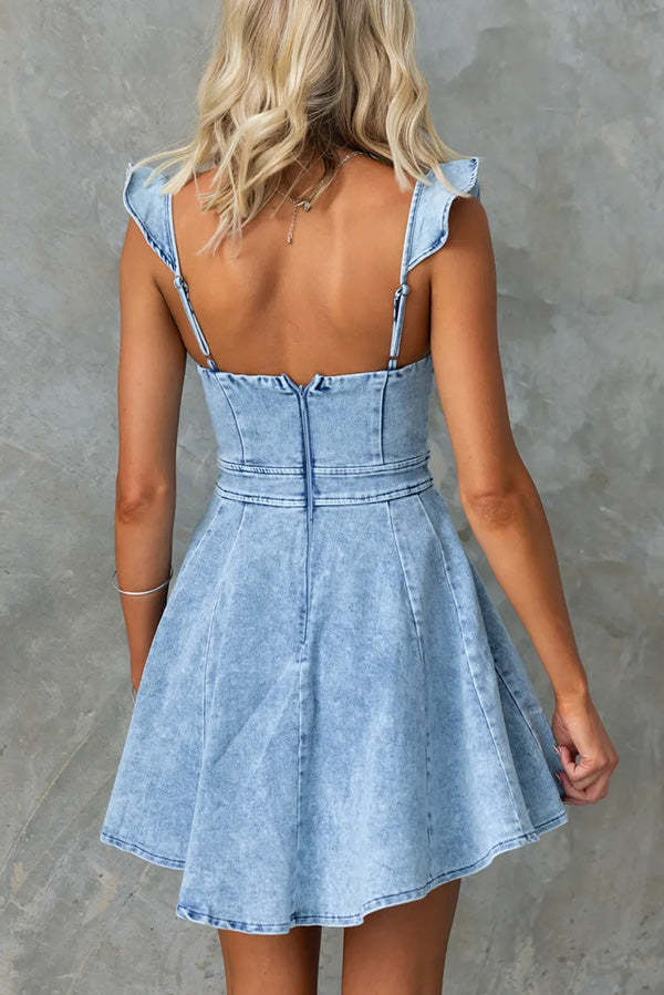 Sweet Secret Denim Square Neck Ruffle Sleeve Stretch Mini Dress-consonak