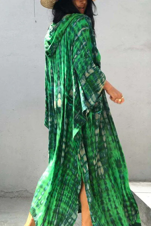 Boho Tie-dye Print Hooded Kimono Cover-up-consonak