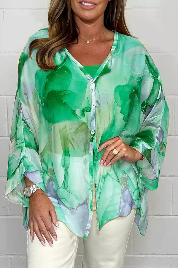 Unique Printed Long Sleeve V-neck Chiffon Loose Shirt-consonak