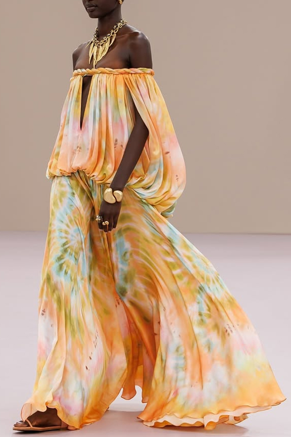 Gorgeous 70s Dream Tie-dye Print Off Shoulder Braid Cutout Detail Drape Maxi Dress | Consonak