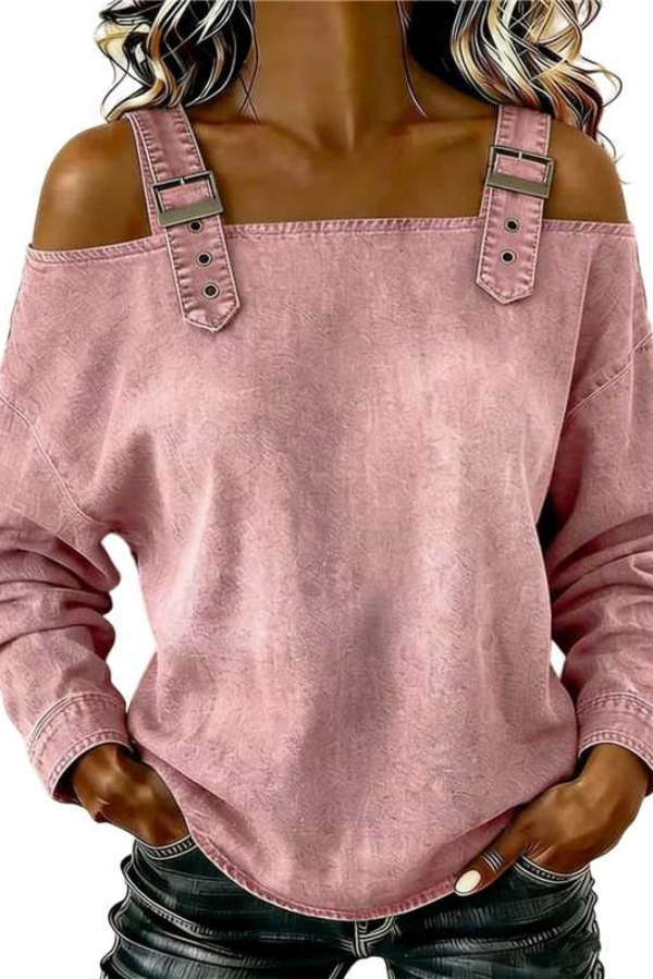 Fashionable Faux Denim Off-shoulder Long-sleeved Loose Top