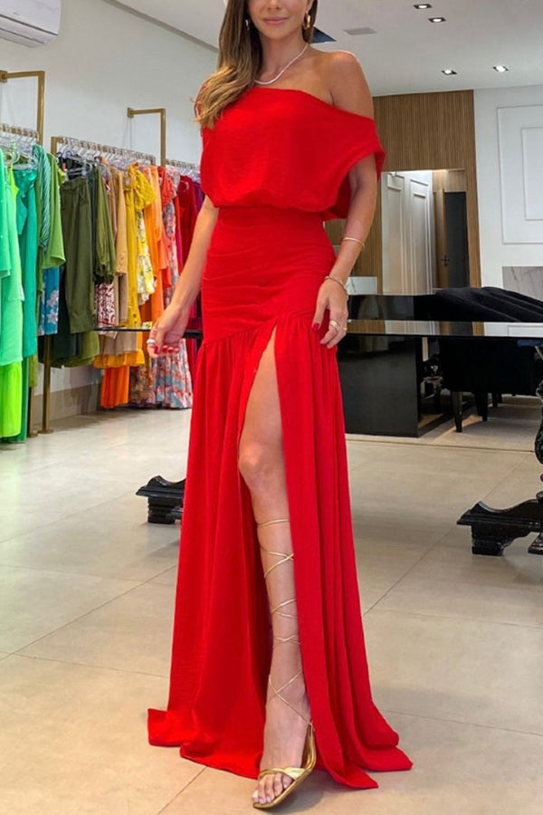 Midnight Chances One Shoulder Ruched Detail Slit Party Maxi Dress-consonak