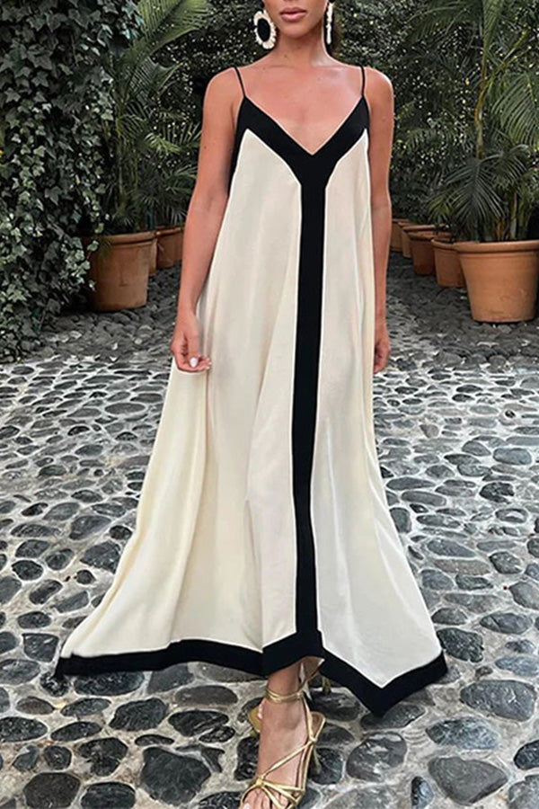 Traveling The Horizon Satin Colorblock Strap Loose Maxi Dress-consonak