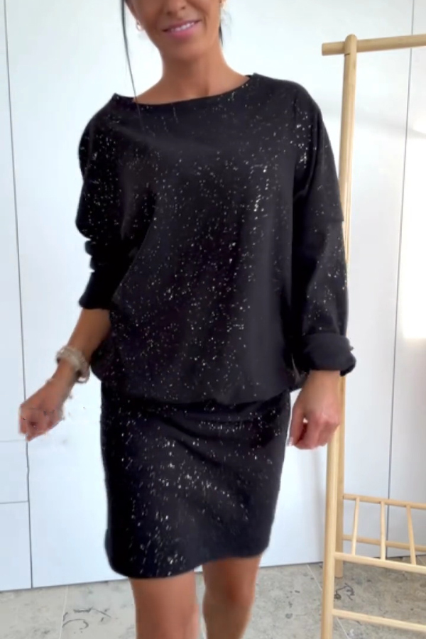 Solid Color Sparkly Round Neck Long Sleeve Casual Mini Dress