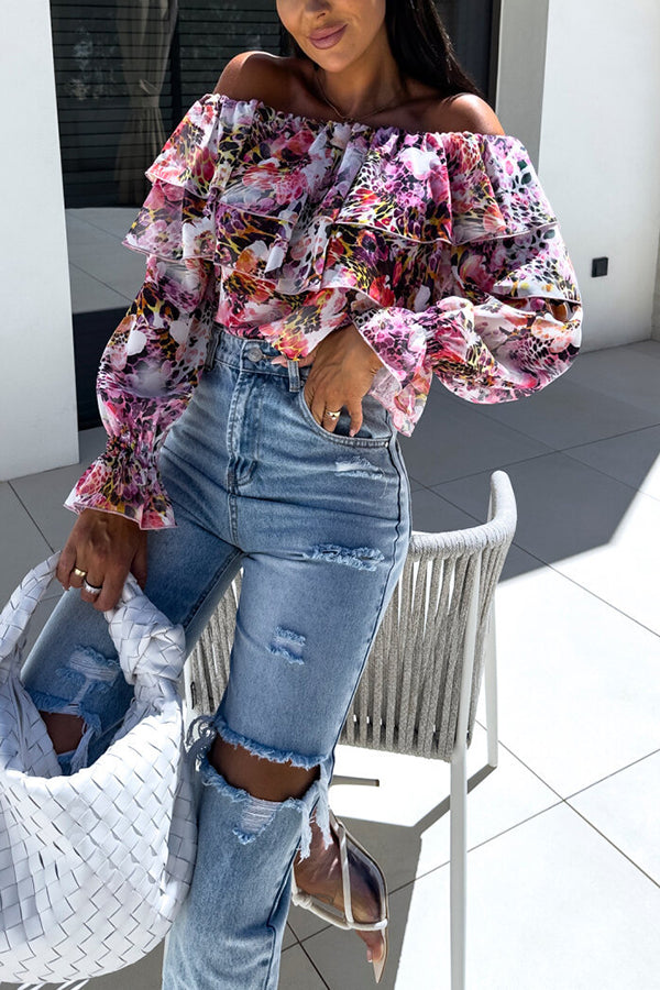 Colorful Botanical Print Sexy Off-shoulder Ruffle Top-consonak