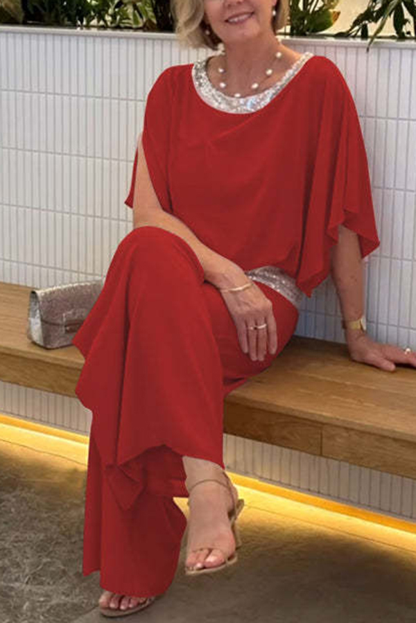 Stylish Sequin Patchwork Dolman Sleeve Top and Elastic Waist Wide Leg Pants Set | Consonak