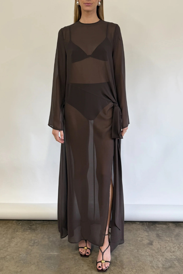Fashionable Mesh See-through Round Neck Long Sleeve Tie Bow Slit Maxi Dress | Consonak