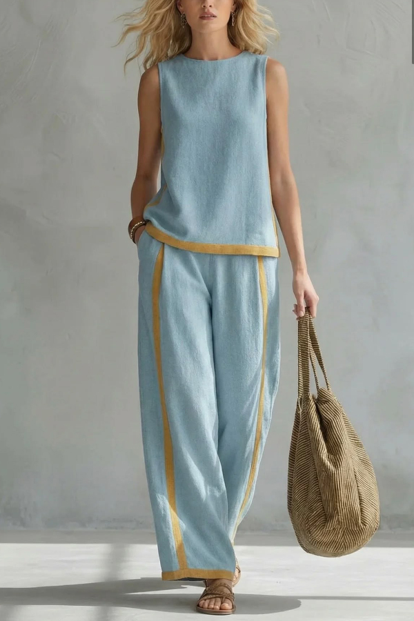 Linen Blend Color-blocked Round Neck Sleeveless Loose Top and Elastic Waist Casual Pocket Wide-leg Pants Set