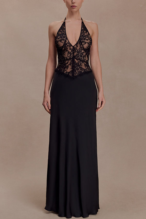 Timeless Silhouette Lace and Satin Halter Backless Drape Maxi Dresset-consonak