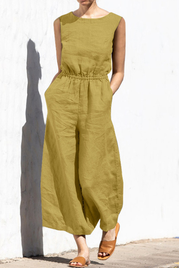 Fern Linen Blend Pocketed Button Back Elastic Waist Jumpsuit-consonak