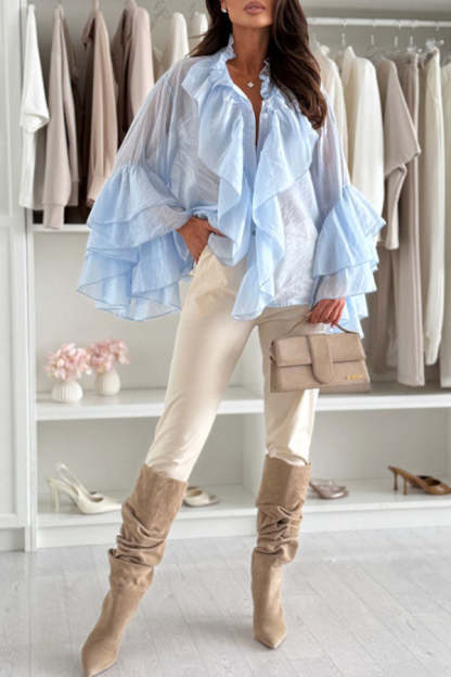 Breezy Touch Chiffon Layered Ruffles Long Bell Sleeve Button Up Loose Blouse-consonak
