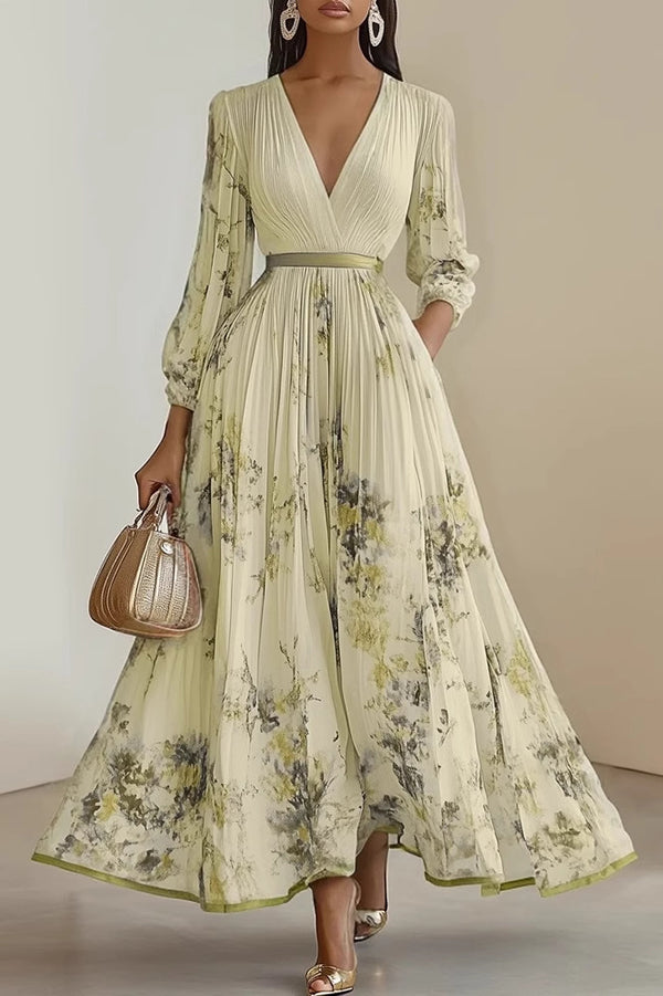 Unique Printed V-Neck Long Sleeve Bow Tie Waist Holiday Maxi Dress | Consonak