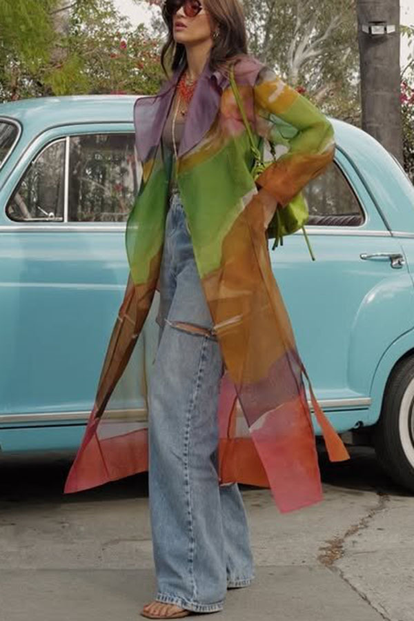 Vibrantly Color Organza Printed Tie-Waist Pocket Lapel Mid-Length Trench Coat
